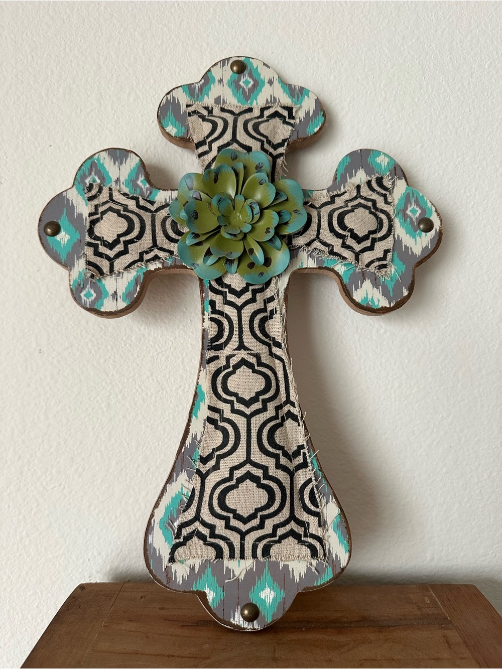 Decorative Patterned Wall Cross with Teal Flower Accent